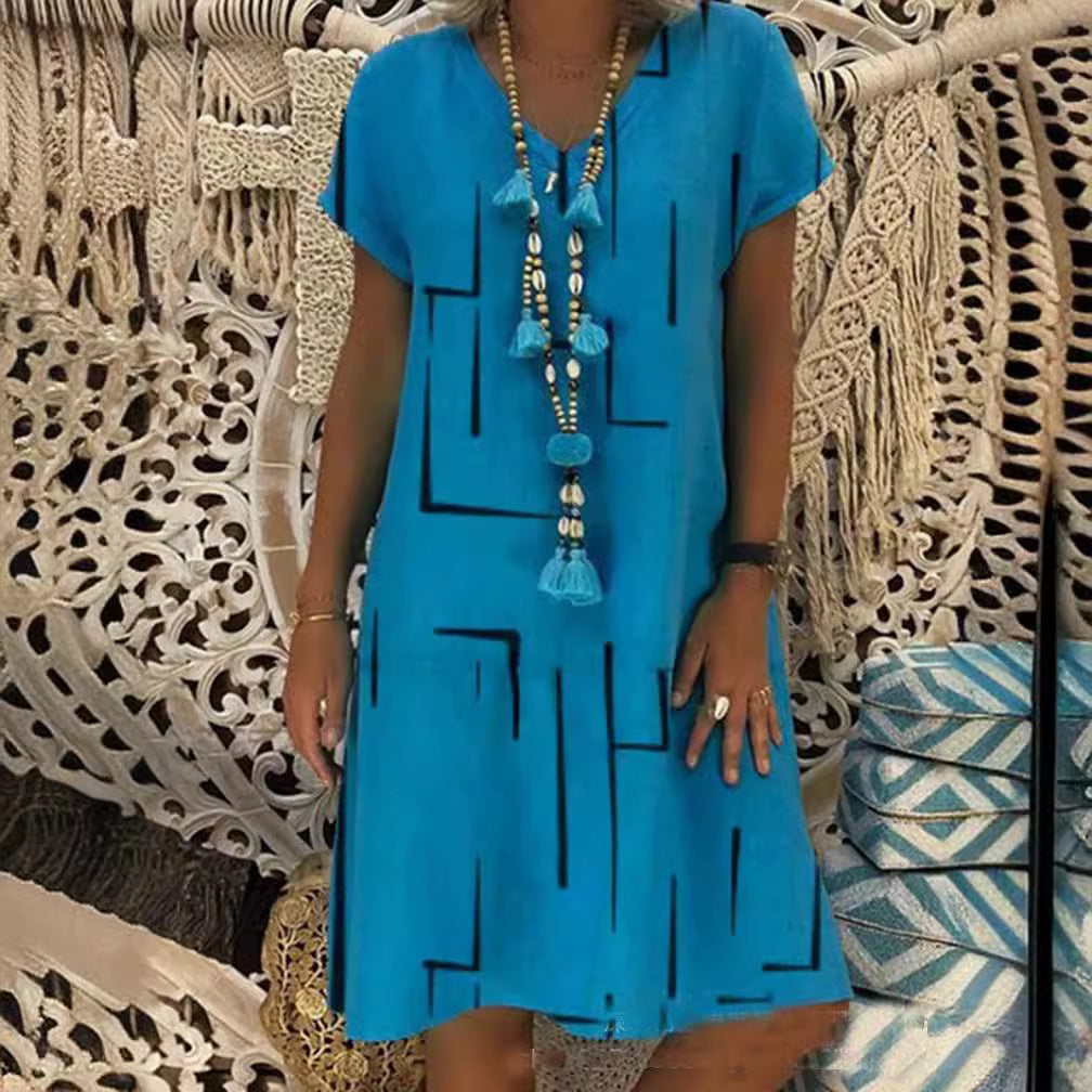 Vestido estampado de lino y algodón con cuello en V, color oro puro, 2026 - Oferta