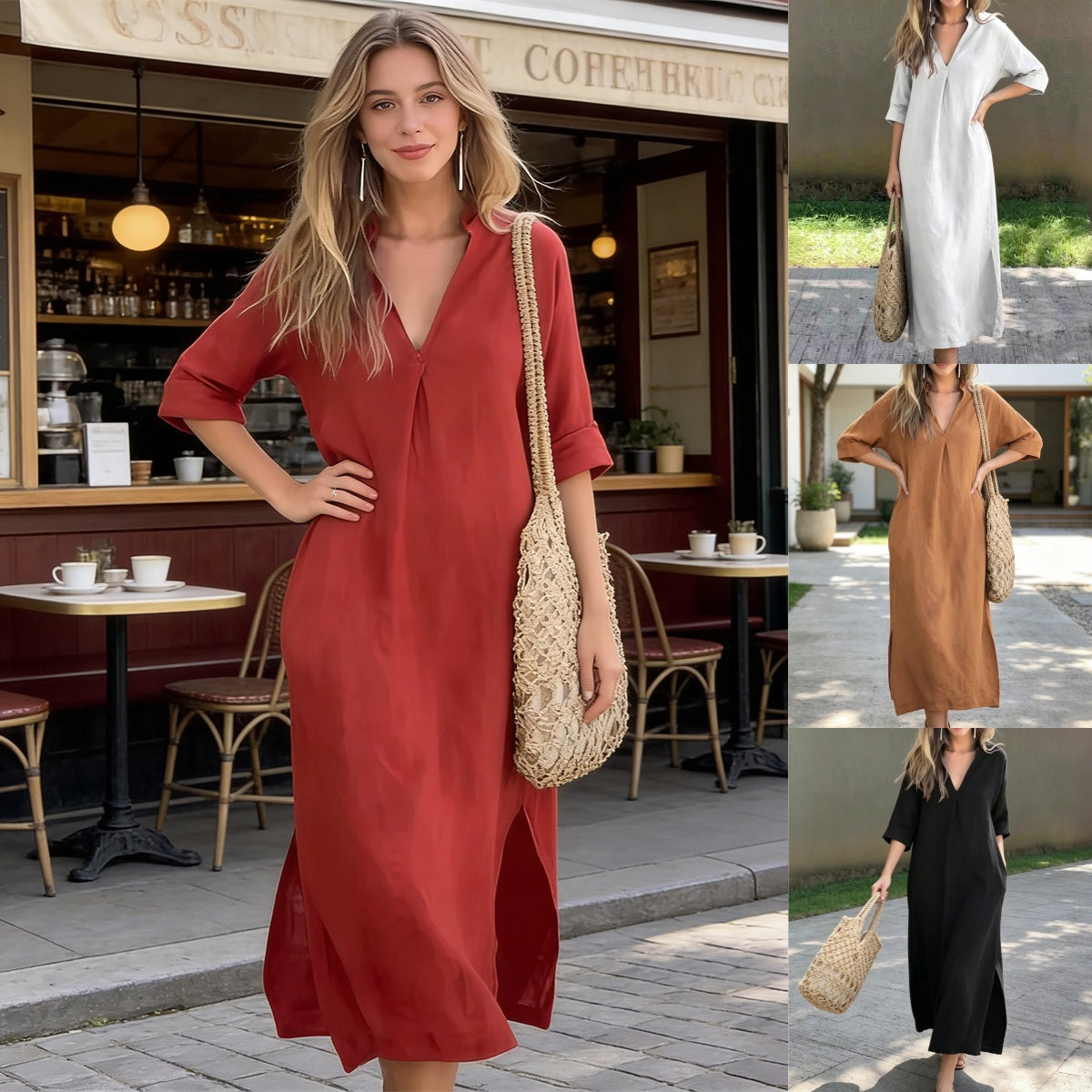 【Pago contra entrega】【40-100 kg】Vestido largo de lino para verano, escote en V, abertura lateral, cómodo