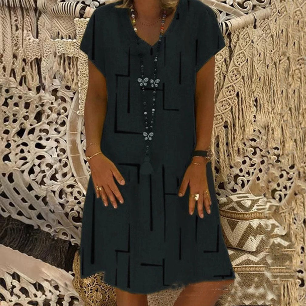 Vestido estampado de lino y algodón con cuello en V, color oro puro, 2026 - Oferta