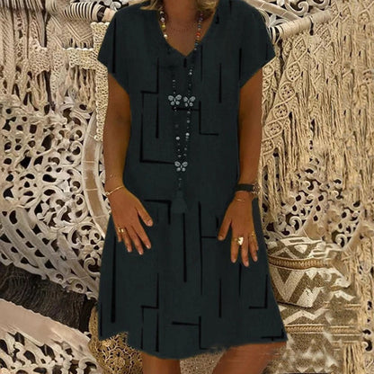 Vestido estampado de lino y algodón con cuello en V, color oro puro, 2026 - Oferta