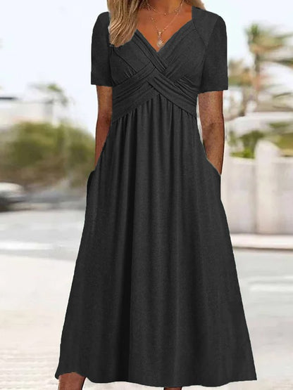 【S-3XL】2026 Vestido casual midi de color sólido Nuevo vestido suelto de manga corta de verano