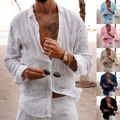 Camisa de hombre de algodón y lino con cuello doblado.【S-5XL】