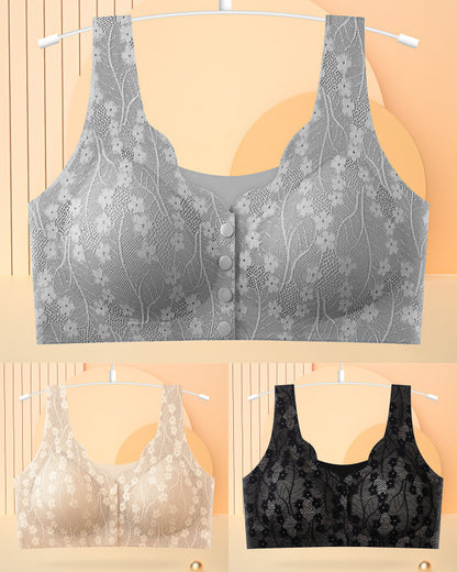 😍【Pachet de 3 bucăți】【40–100KG】Sutien din dantelă pentru femei, fără sârmă, cu închidere frontală_4063684