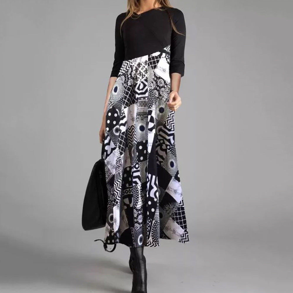 Nuevo vestido de otoño e invierno con cuello en V estampado-3834656