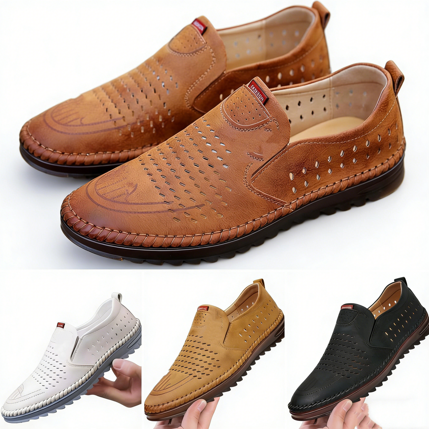 2026 Zapatos casuales transpirables con agujeros, cuero genuino hecho a mano, suela suave, antideslizantes
