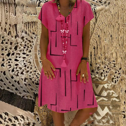 Vestido estampado de lino y algodón con cuello en V, color oro puro, 2026 - Oferta