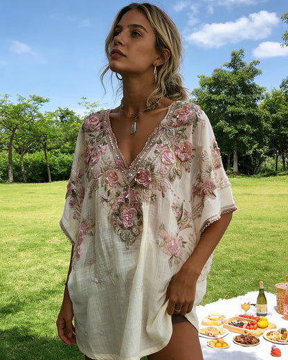 Blusa elegante con cuello en V profundo y estampado floral，Tallas【S-4XL】