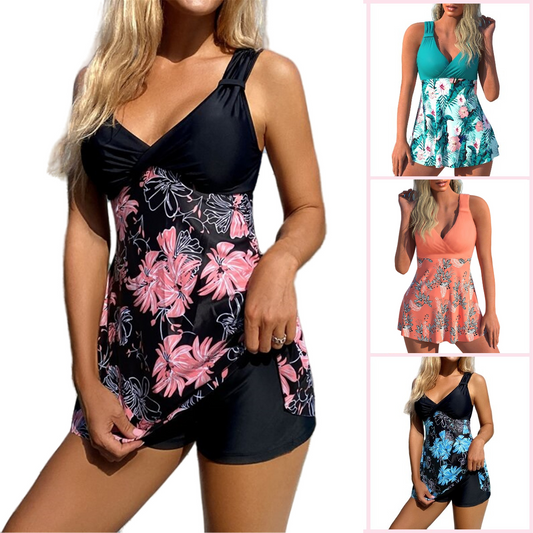 Conjunto de baño para mujer plus size con estampado, espalda descubierta y secado rápido