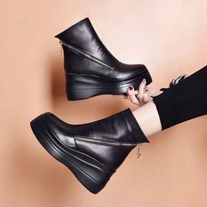 【35-40】 Botas cortas de cuero con punta redonda y suela gruesa con plataforma con cremallera diagonal._3859605