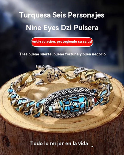 【Más vendido】Pulsera retro de plata 925, de seis cifras, turquesa, con mantras y cuentas transferibles