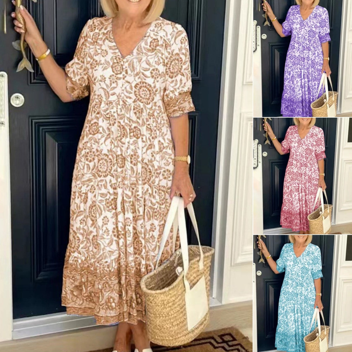 【S-3XL】2026 nuevo vestido largo floral elegante con cuello en V
