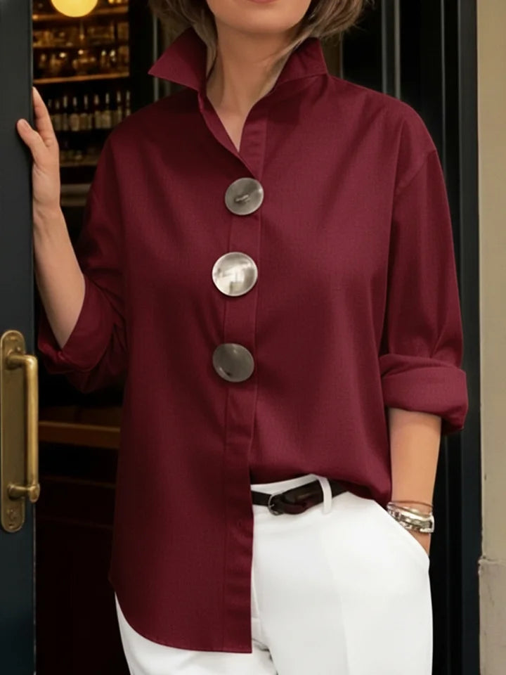 【Oferta por tiempo limitado】【Novedad 2026】Elegante y con estilo, Camisa de mujer de algodón y lino, cuello mao, botones metálicos