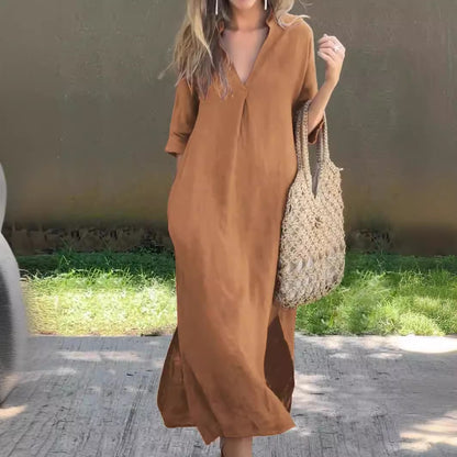 【Pago contra entrega】【40-100 kg】Vestido largo de lino para verano, escote en V, abertura lateral, cómodo