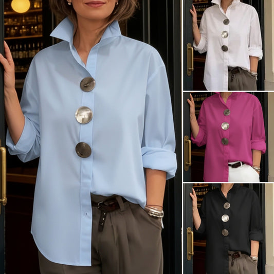 【Oferta por tiempo limitado】【Novedad 2026】Elegante y con estilo, Camisa de mujer de algodón y lino, cuello mao, botones metálicos