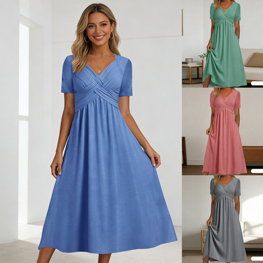 【S-3XL】2026 Vestido casual midi de color sólido Nuevo vestido suelto de manga corta de verano