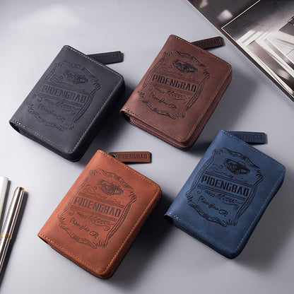 【Disponible en 4 colores】 Cartera de hombre de cuero genuino estilo retro, hecha a mano, con cremallera y ranura para varias tarjetas.
