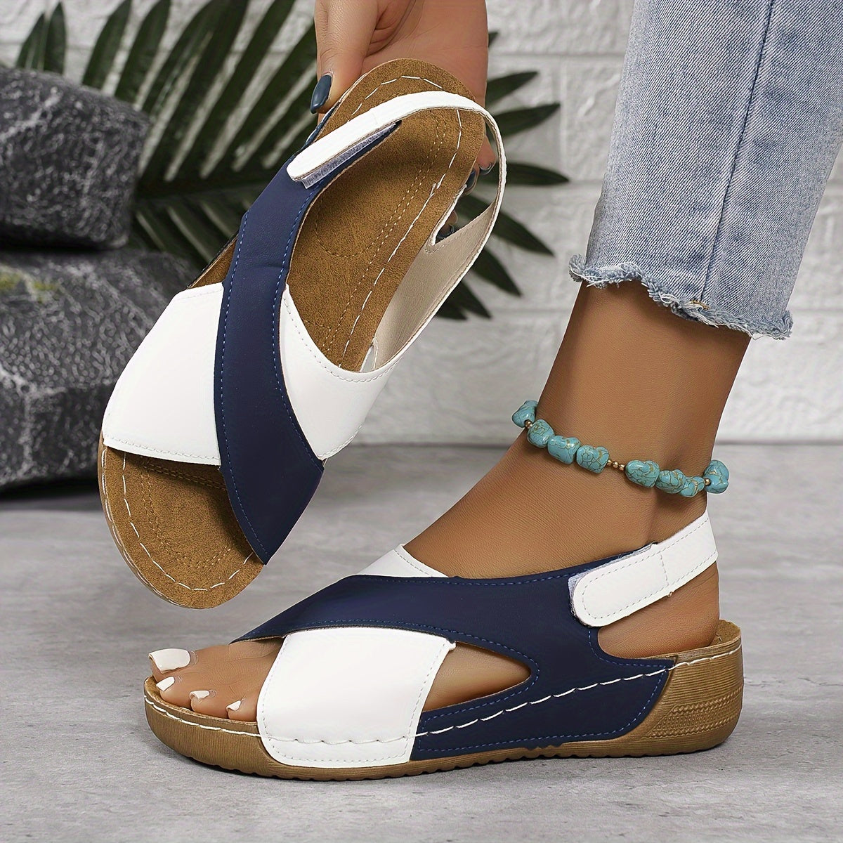 【¡Oferta!】【36-43】Sandalias de cuña en contraste de verano para mujer, cómodas sandalias con tiras en el tobillo, tejidas a mano, suaves y cómodas_E