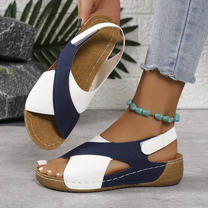 【¡Oferta!】【36-43】Sandalias de cuña en contraste de verano para mujer, cómodas sandalias con tiras en el tobillo, tejidas a mano, suaves y cómodas_E