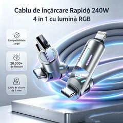 🔥 【2 bucăți la 129 de lei】 🔥 (2 metri lungime) Cablu 4 în 1 PD 240 W – USB-C, Lightning și încărcare rapidă USB-A, aluminiu și silicon, sincronizare date ⚡📱