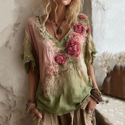 💕 Blusa elegante con cuello en V profundo y estampado floral 【Oferta limitada: -45% OFF】 Tallas S-4XL