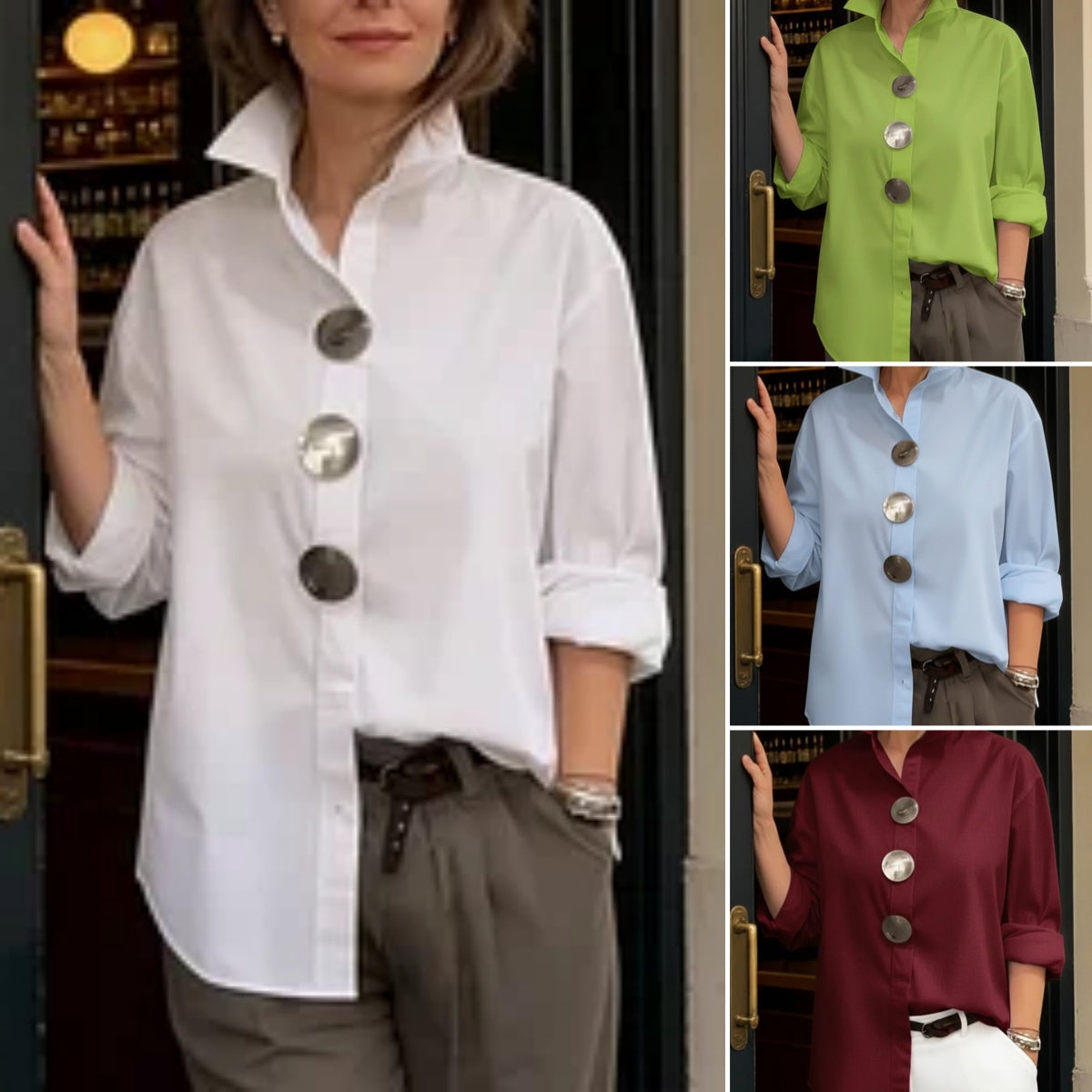 【Oferta por tiempo limitado】【Novedad 2026】Elegante y con estilo, Camisa de mujer de algodón y lino, cuello mao, botones metálicos