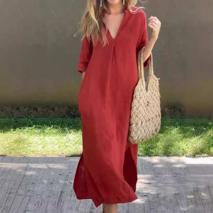 【Pago contra entrega】【40-100 kg】Vestido largo de lino para verano, escote en V, abertura lateral, cómodo