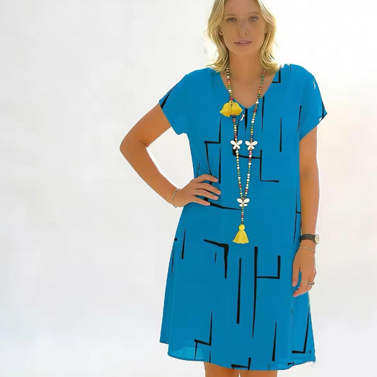Vestido estampado de lino y algodón con cuello en V, color oro puro, 2026 - Oferta