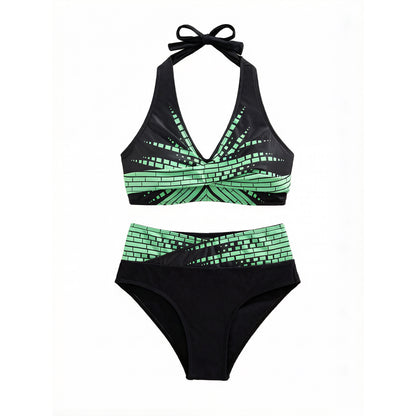 【L–2XL】Bikinis de dos piezas para mujeres de tallas grandes, Cintura alta, Alta elasticidad