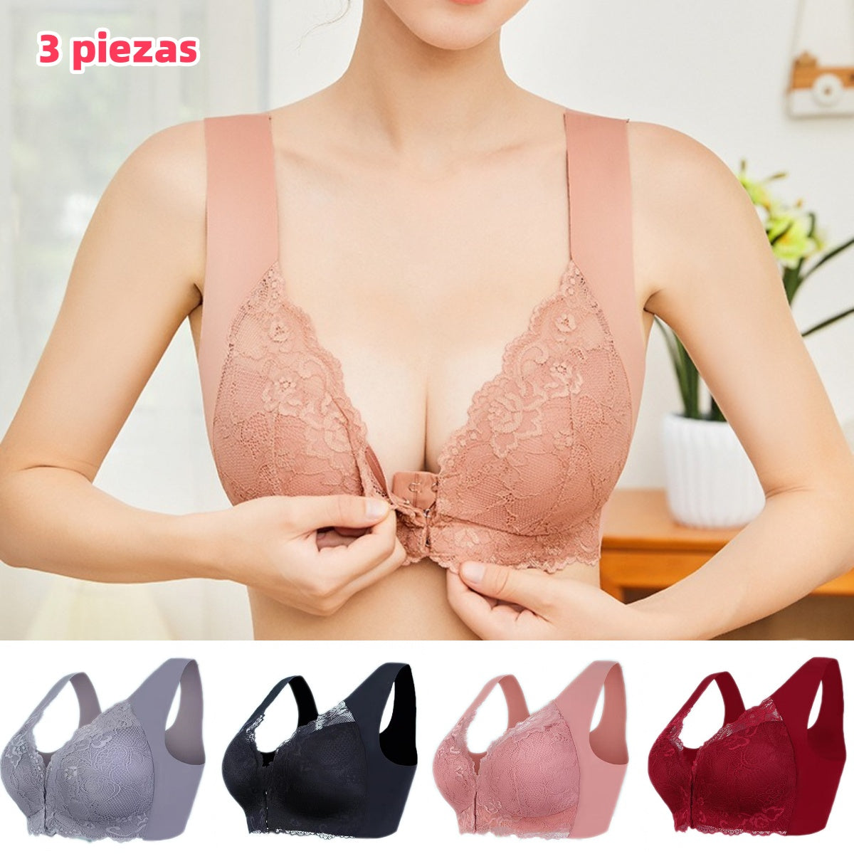 【3 piezas】Sujetador de talla grande con hebilla frontal, sexy, sin aro de acero, ropa interior con espalda hermosa