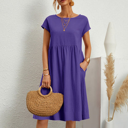 【Oferta de cambio de temporada】【S-5XL】Vestido de mujer 2026 de algodón y lino, con cuello redondo y corte cómodo