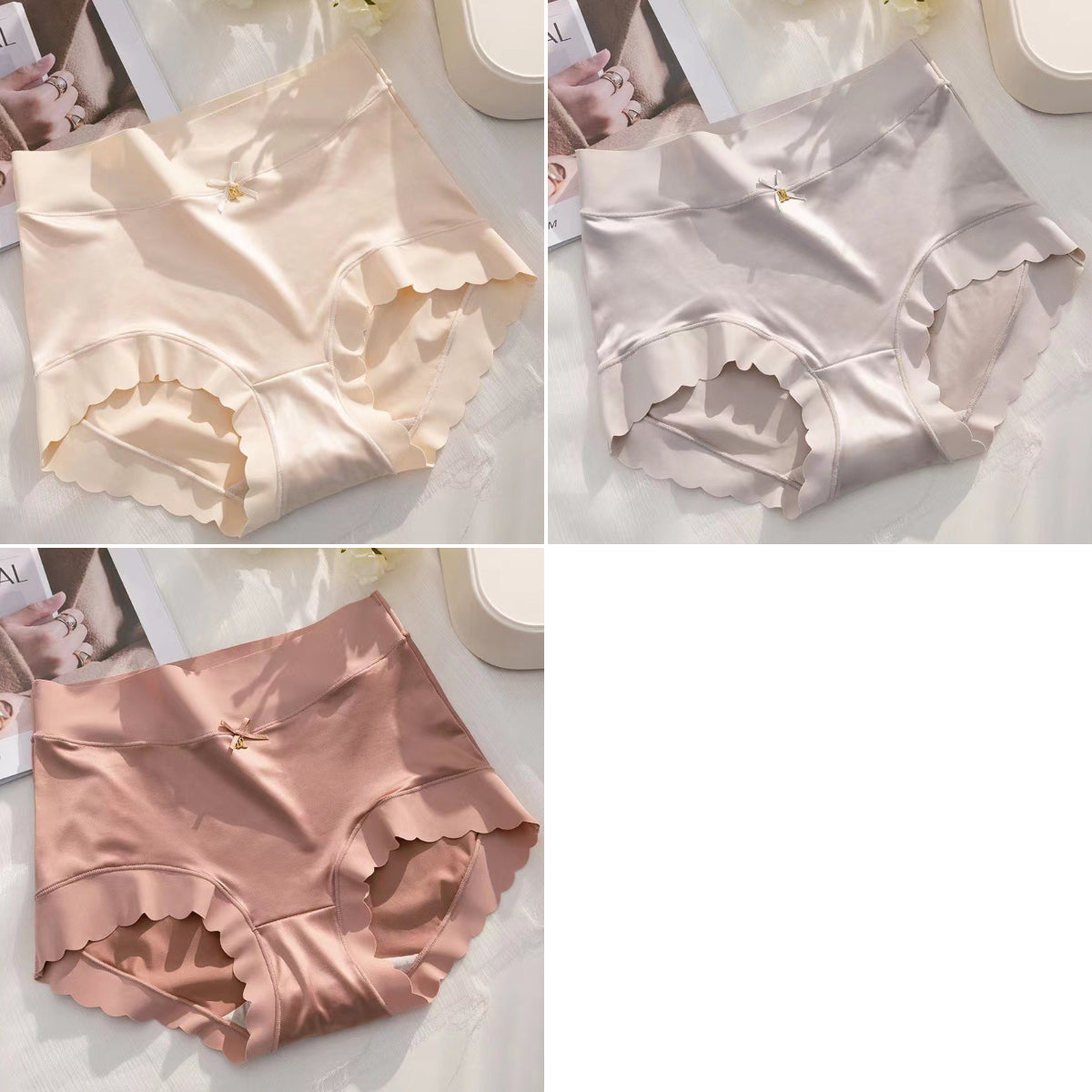 【40-75kg】【Paquete de 3 piezas】 Ropa interior de satén de seda suave, transpirable y elegante