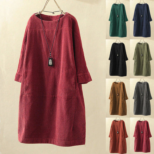🥰【Cumpără 1 Primești 1】Rochie nouă de toamnă-iarnă, culoare uni, retro, din catifea, casual, mărime plus-3846485 