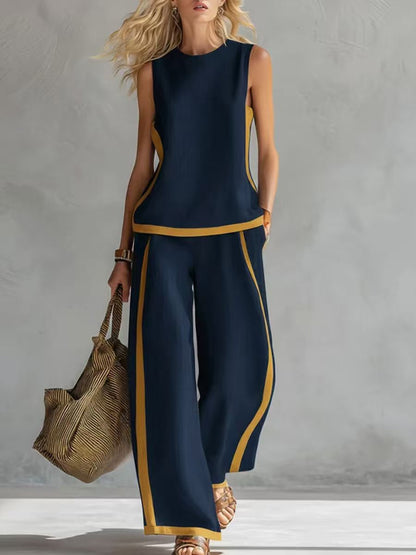 【Descuento】¡Nueva llegada de verano! 2026 Nuevo conjunto moderno de dos piezas para mujer: top sin mangas con detalles en contraste y pantalones de pierna ancha - Estilo veraniego, casual y chic.