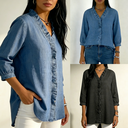 【40-100kg】Camisa vaquera informal para mujer con cuello en V y volantes