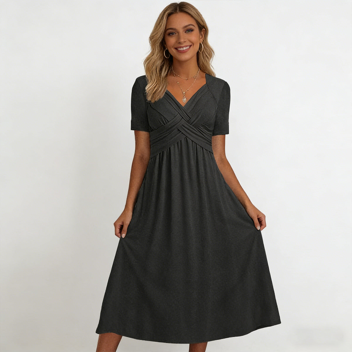 【S-3XL】2026 Vestido casual midi de color sólido Nuevo vestido suelto de manga corta de verano