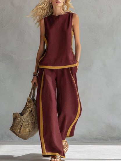 【Descuento】¡Nueva llegada de verano! 2026 Nuevo conjunto moderno de dos piezas para mujer: top sin mangas con detalles en contraste y pantalones de pierna ancha - Estilo veraniego, casual y chic.