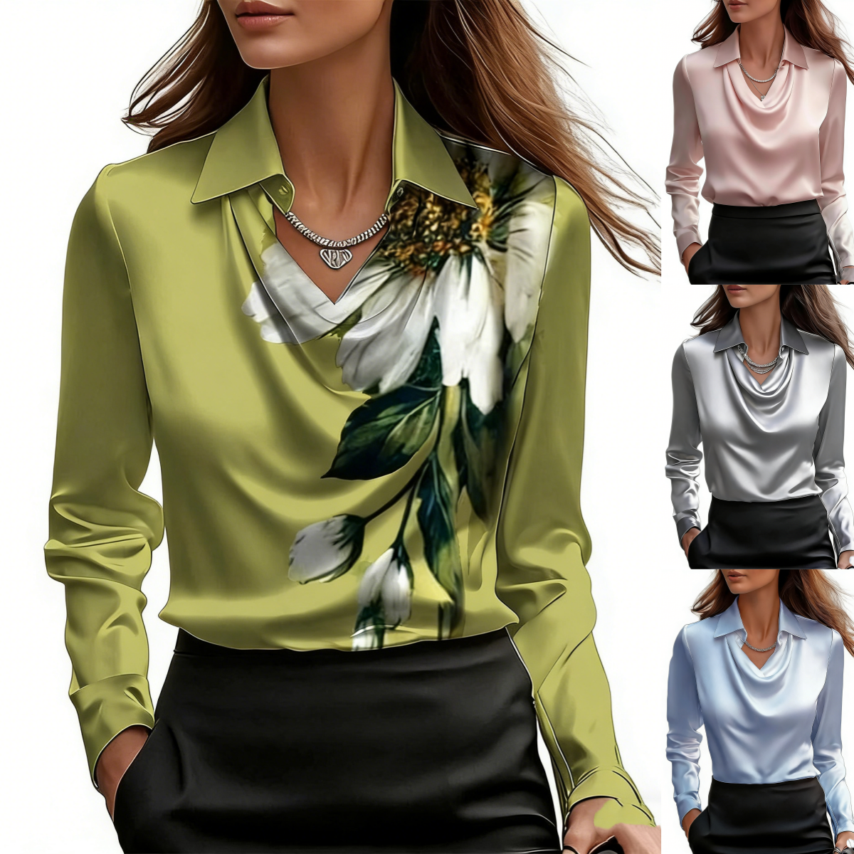 【40-100KG】Camisa de mujer con estampado y cuello en color liso