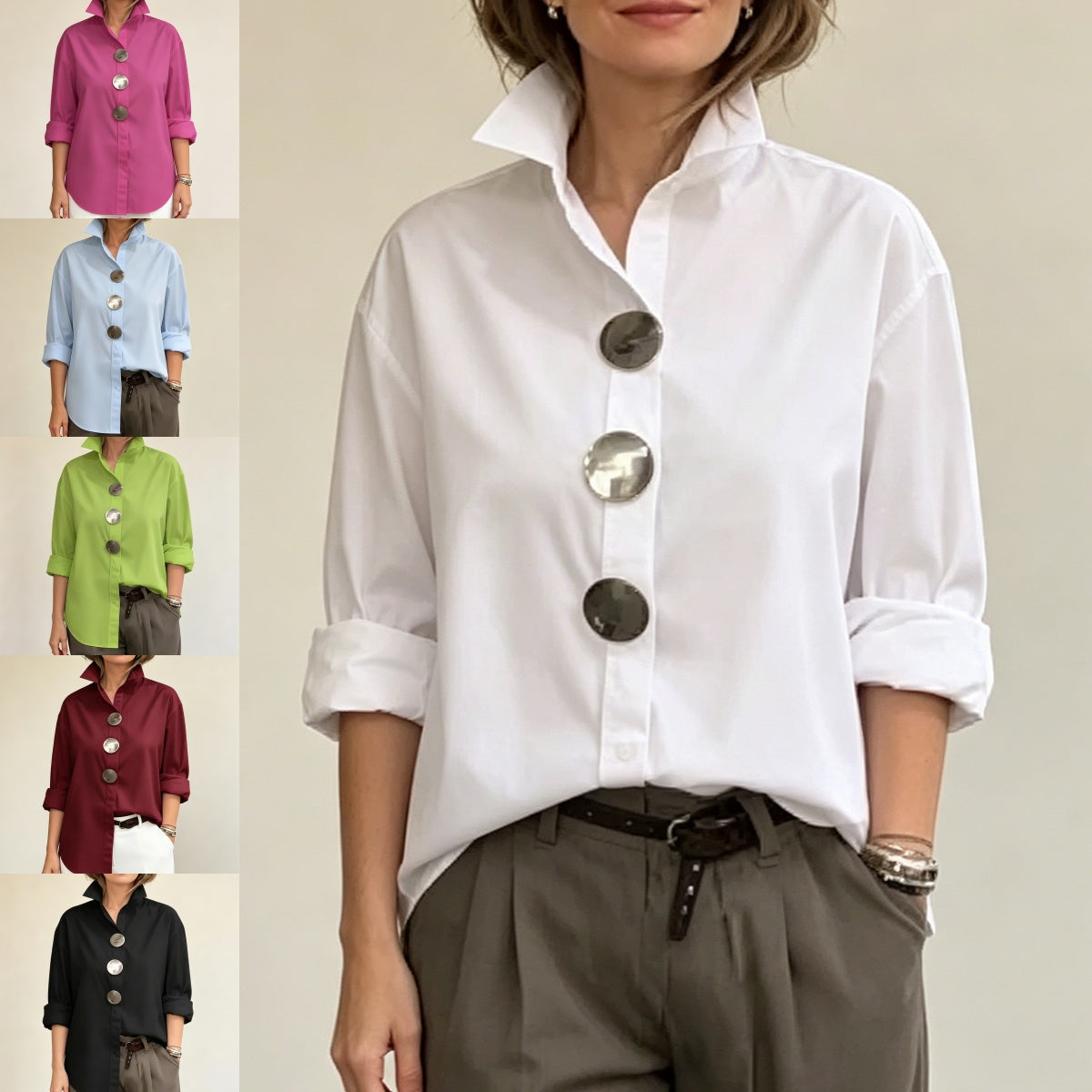 【Oferta por tiempo limitado】【Novedad 2026】Elegante y con estilo, Camisa de mujer de algodón y lino, cuello mao, botones metálicos