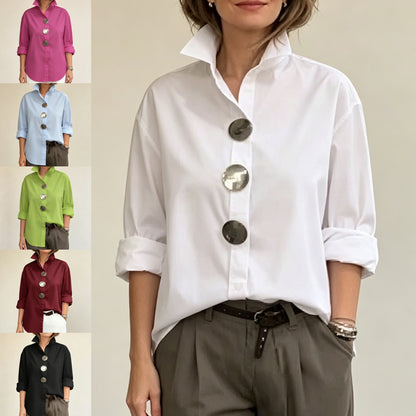 【Oferta por tiempo limitado】【Novedad 2026】Elegante y con estilo, Camisa de mujer de algodón y lino, cuello mao, botones metálicos