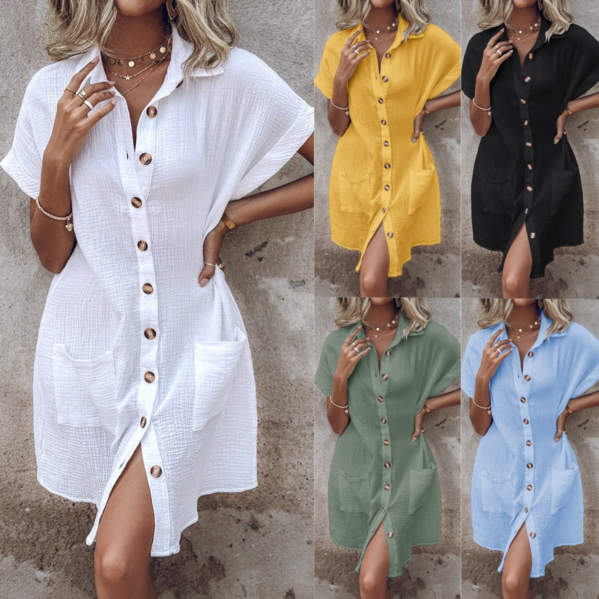 【S-2XL】2026 Vestido suelto de lino y algodón de manga corta y largo medio con botones