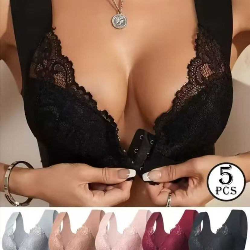 【Conjunto de 5 piezas】【40-100KG】Sujetador con efecto lifting y precioso encaje en la espalda, talla grande, con corte push-up y cierre frontal