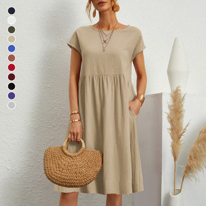 【Oferta de cambio de temporada】【S-5XL】Vestido de mujer 2026 de algodón y lino, con cuello redondo y corte cómodo