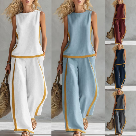 2026 Nuevo conjunto moderno de dos piezas para mujer: top sin mangas con detalles en contraste y pantalones de pierna ancha - Estilo veraniego, casual y chic.