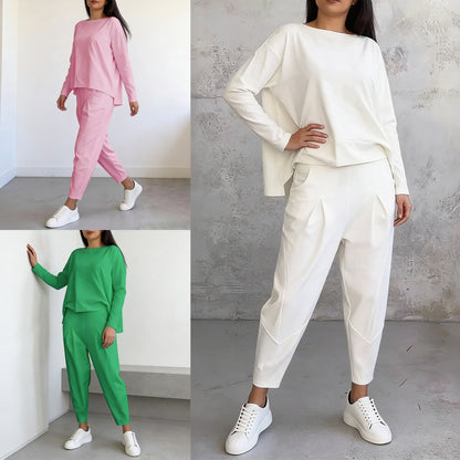 【Descuento】Conjunto de manga larga con blusa de cuello redondo y pantalón largo