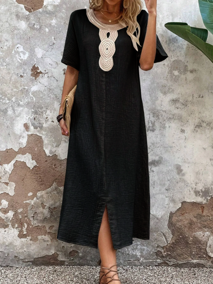 【S-3XL】Vestido de verano holgado para mujer con escote redondo, confeccionado en algodón puro y lino, con abertura.