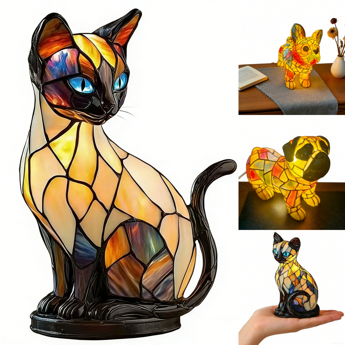 Lámpara de mesa con forma de gato, lámpara de noche retro fabricada en resina de colores, con temática de gatos