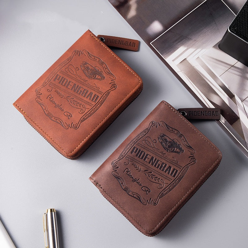 【Disponible en 4 colores】 Cartera de hombre de cuero genuino estilo retro, hecha a mano, con cremallera y ranura para varias tarjetas.