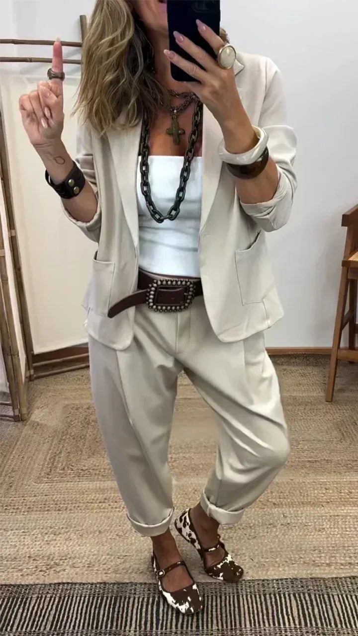 Conjunto de chaqueta y pantalón con solapa para mujer – Ajuste entallado, tela suave 【40-100kg】
