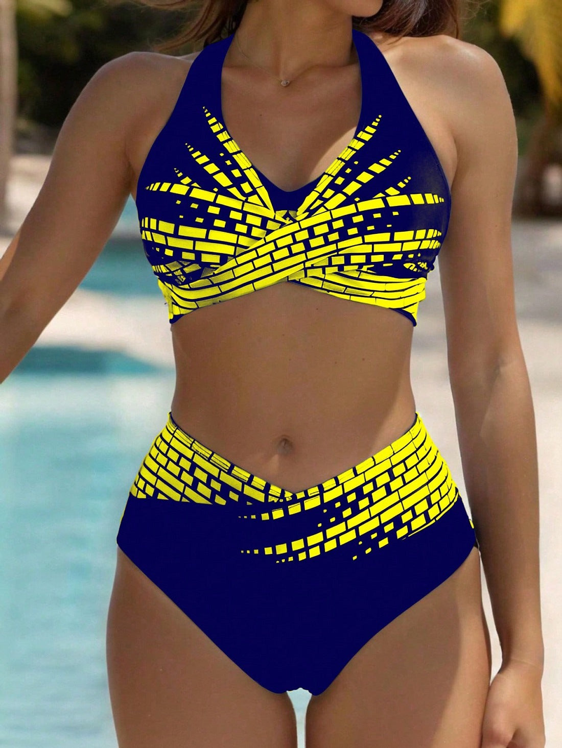 【L–2XL】Bikinis de dos piezas para mujeres de tallas grandes, Cintura alta, Alta elasticidad